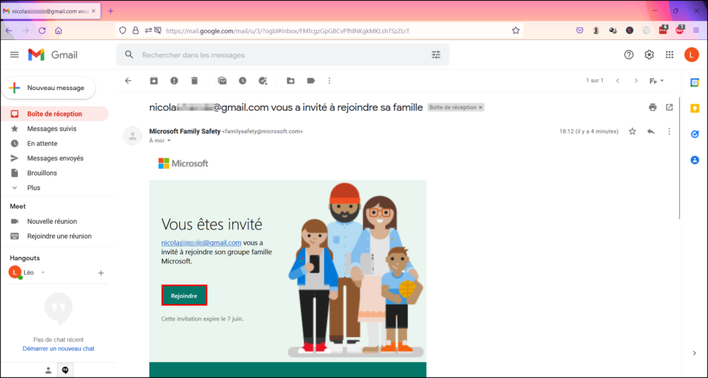 Contrôle Parental Windows 11 - Cliquer sur Rejoindre dans l'invitation