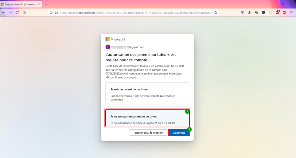 Contrôle Parental Windows 11 - Cliquer sur Je ne suis pas un parent puis suivant