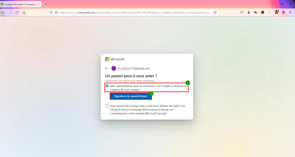 Contrôle Parental Windows 11 - Ouvrir la signature du parent ou tuteur