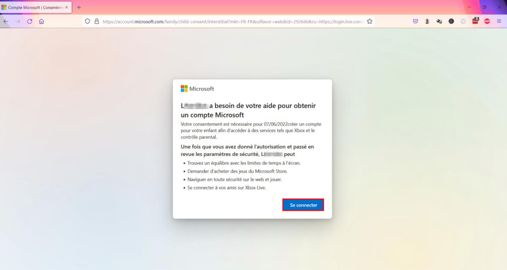 Contrôle Parental Windows 11 - Lire message Microsoft puis Se connecter