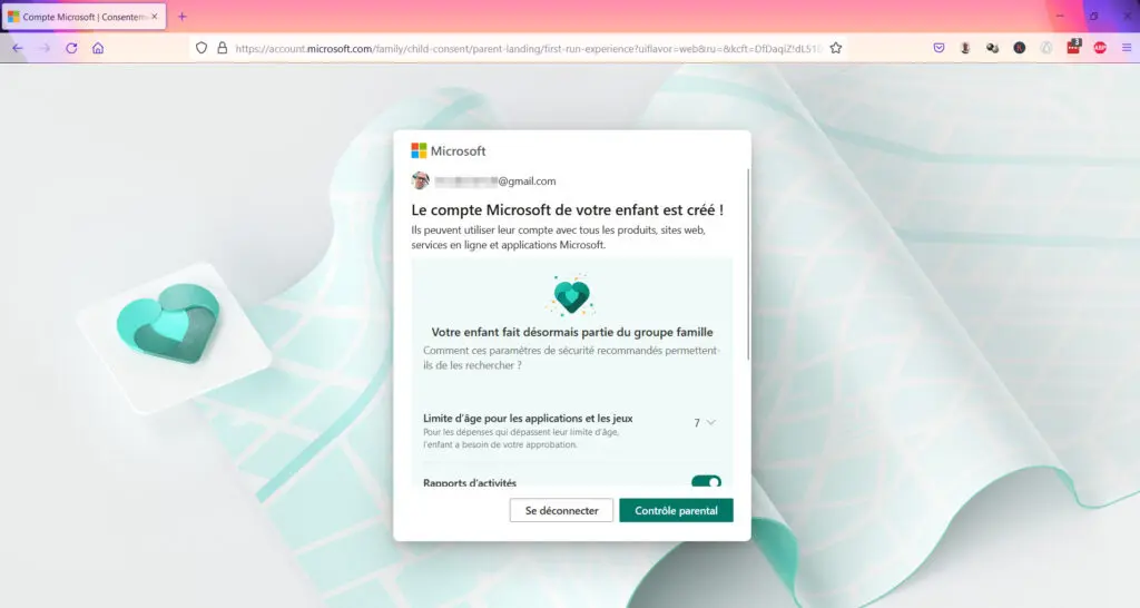 Contrôle Parental Windows 11 - Compte Microsoft de l'enfant validé