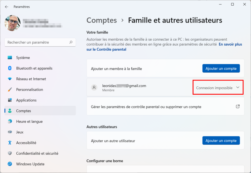 Windows 11 Contrôle parental - Connexion impossible changer