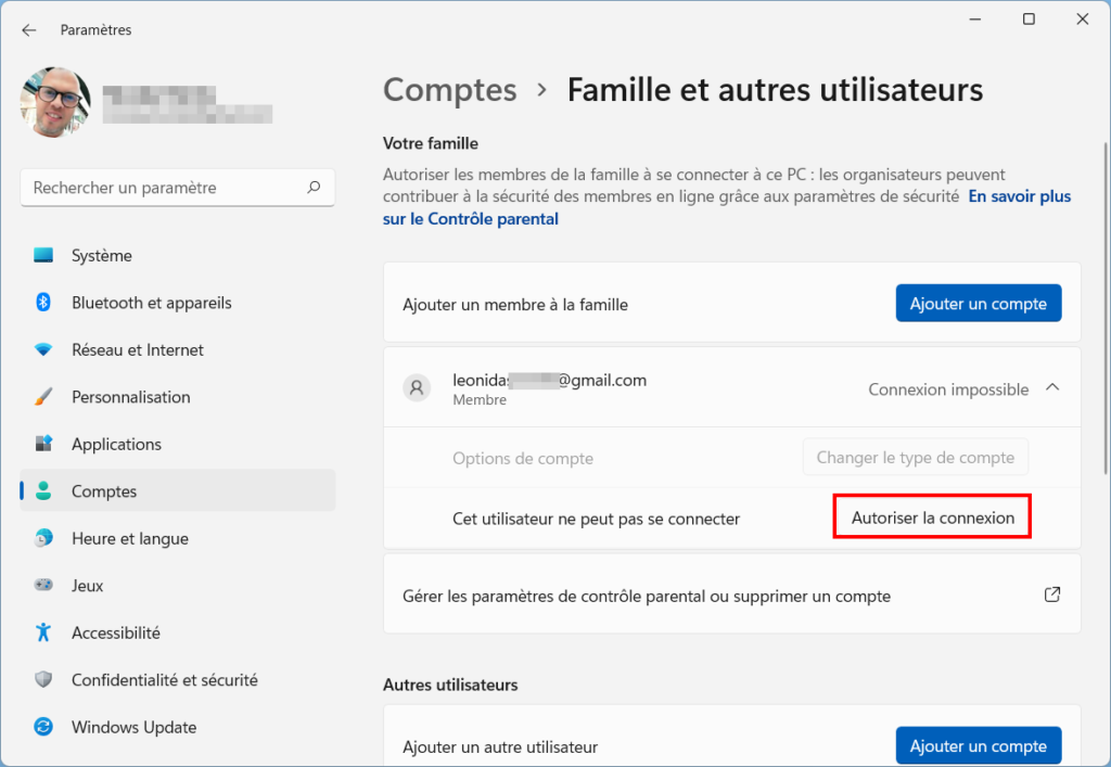 Windows 11 Contrôle parental - Autoriser connexion enfant