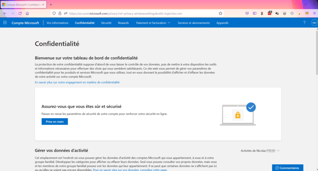 Tableau de bord confidentialité Microsoft - accueil