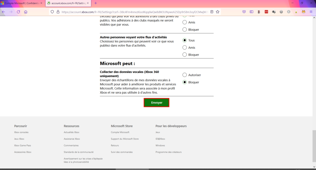 Microsoft confidentialité - Envoyer modifications confidentialité Xbox