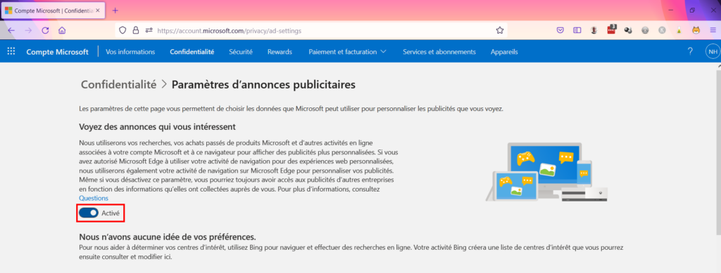 Microsoft confidentialité - Désactiver paramètres annonces publicitaires