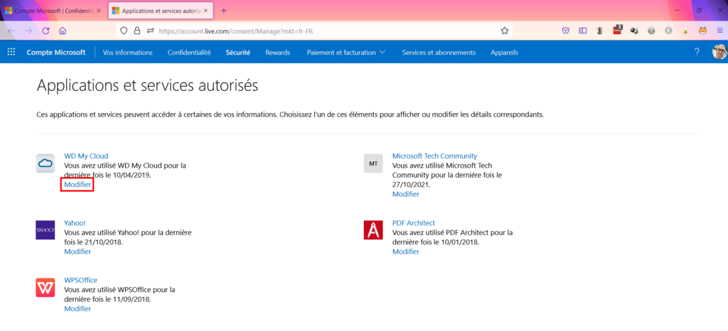 Microsoft confidentialité - Modifier autorisation applciation