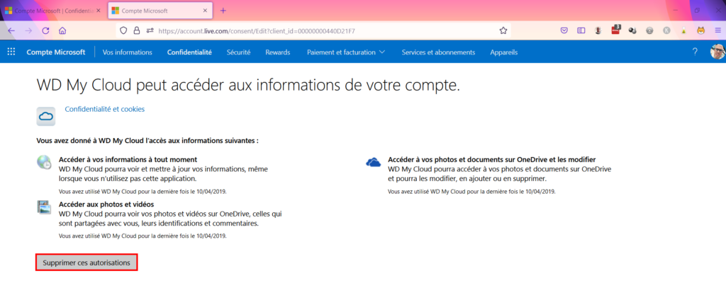 Microsoft confidentialité - Supprimer autorisation application