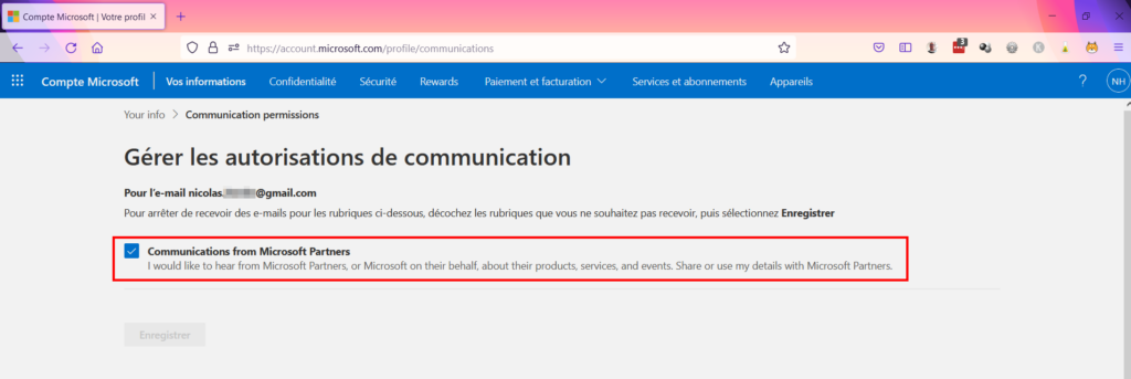 Microsoft confidentialité - Décocher communications promotionnelles