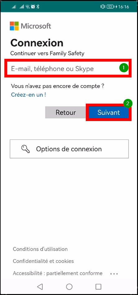 Configurer Family Safety Android - Connexion email