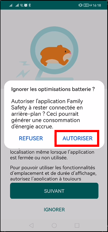 Configurer Family Safety Android - Autoriser utilisation batterie