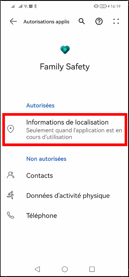 Configurer Family Safety Android - entrer dans informations de localisation
