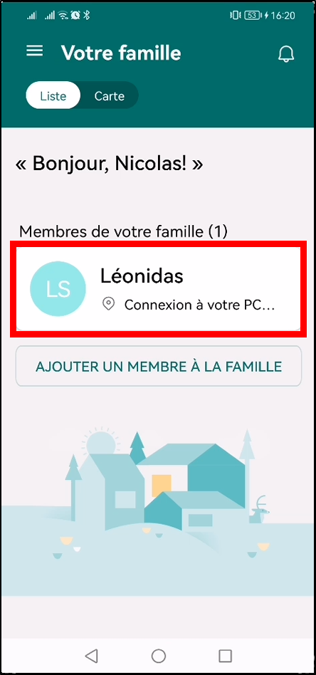 Configurer Family Safety Android - Liste membres de votre famille
