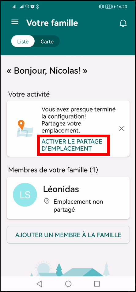 Configurer Family Safety Android - Activer le partage d'emplacement