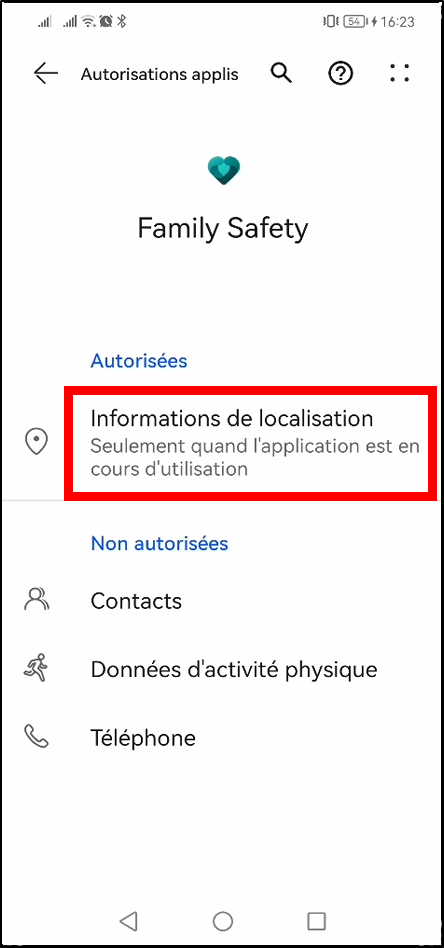 Configurer Family Safety Android - aller dans informations de localisation