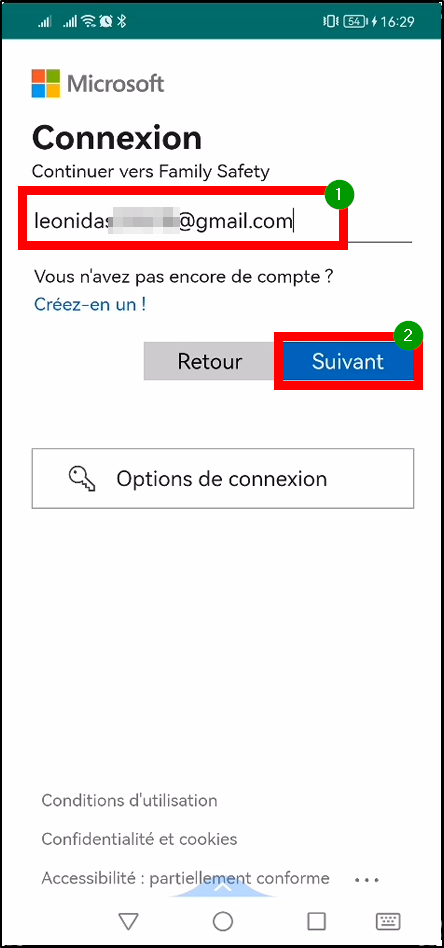 Configurer Family Safety Android - connexion adresse email