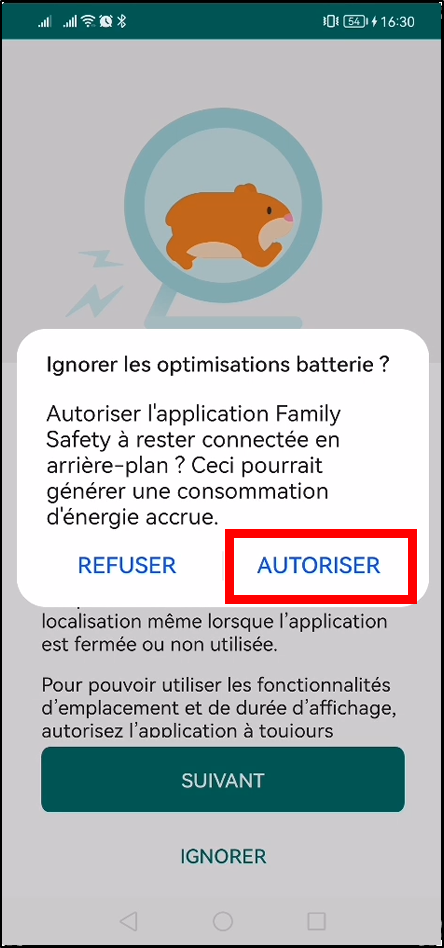 Configurer Family Safety Android - Ignorer les optimisations de batterie