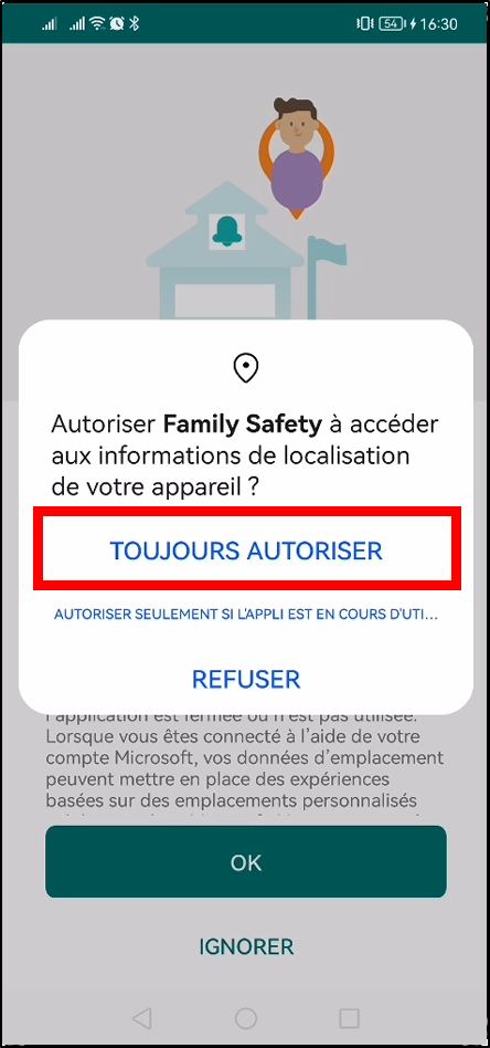 Configurer Family Safety Android - toujours autoriser localisation
