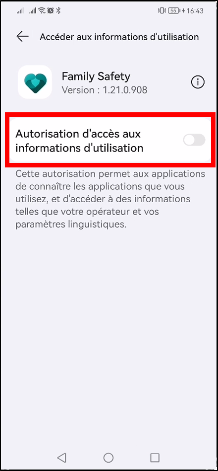 Configurer Family Safety Android - activer autorisation d'accès aux informations d'utilisation
