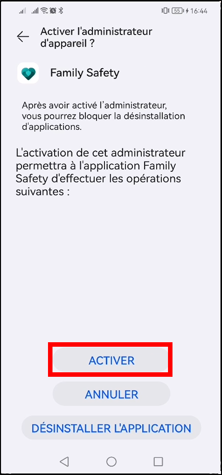 Configurer Family Safety Android - activer administrateur de l'appareil