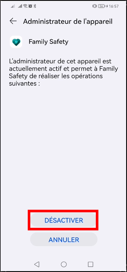 Configurer Family Safety Android - désactiver administrateur de l'appareil