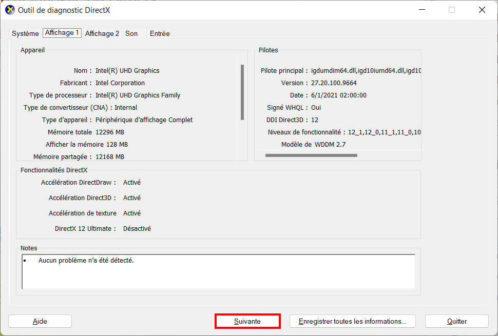 Connaître GPU Windows - DirectX Affichage 2