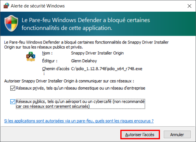 Snappy Driver Installer Origin - Sécurité pare-feu Windows Autoriser accès