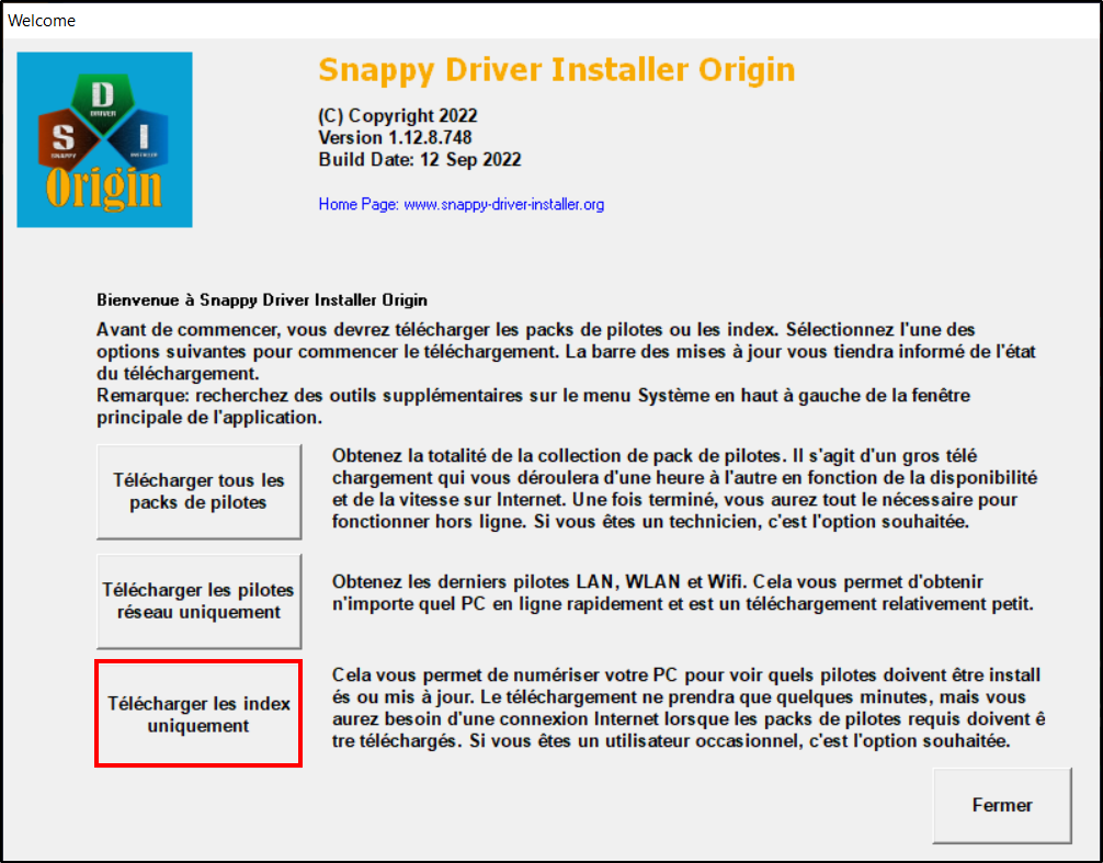 Snappy Driver Installer Origin - Télécharger uniquement les index