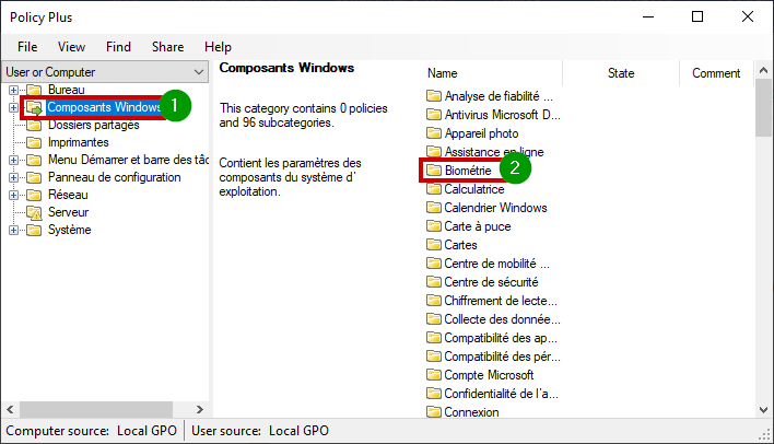 Windows empreinte panne - Entrer dans Composants Windows puis Biométrie depuis Policy Plus