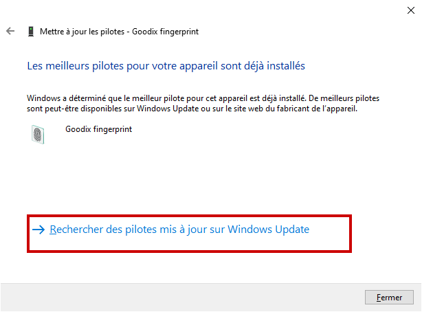 Windows empreinte panne - Rechercher les pilotes sur Windows Update