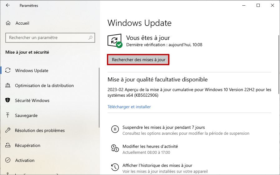 Windows empreinte panne - Rechercher les mises à jour dans Update