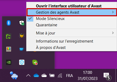 désactiver Avast Antivirus temporairement : aller dans Gestion des agents Avast