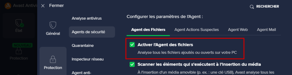 désactiver Avast Antivirus temporairement : désactiver l'agent des fichiers dans l'interface du logiciel Avast