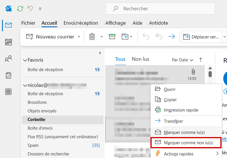 Outlook marquer lu Marquer non lu les messages sélectionnés