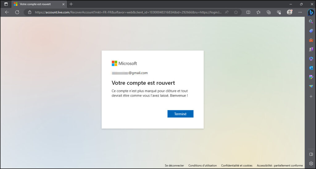 Supprimer compte Microsoft - Confirmation de la reouverture de son compte microsoft