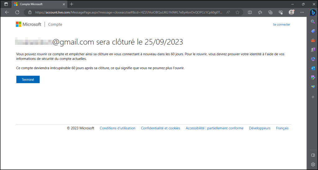 Supprimer compte Microsoft - Microsoft confirme la suppression du compte