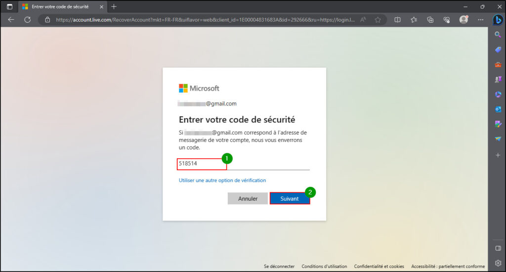 Supprimer compte Microsoft - Entrer son code de sécurité pour rouvrir son compte microsoft