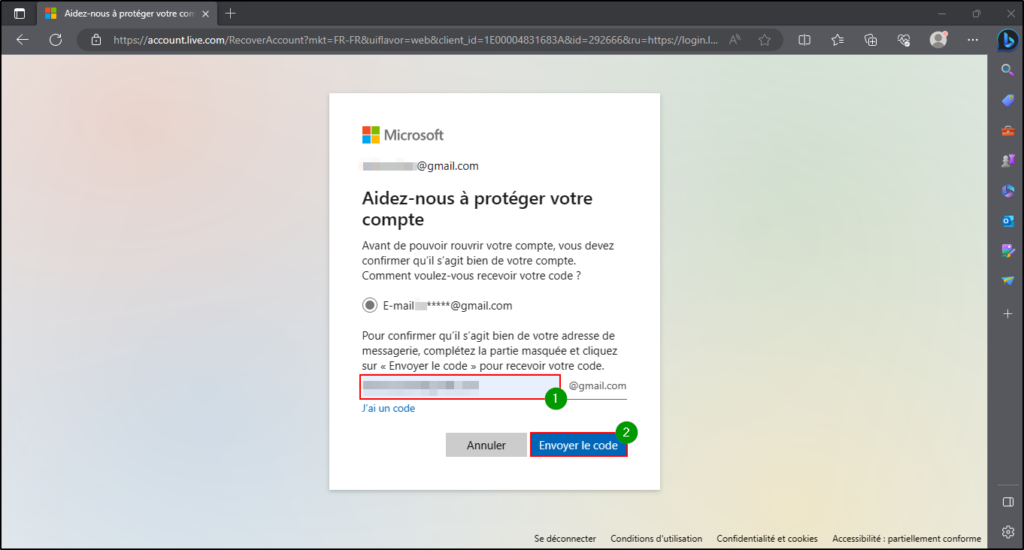 Supprimer compte Microsoft - Prouver son identite en envoyant un code de securite sur son adresse mail