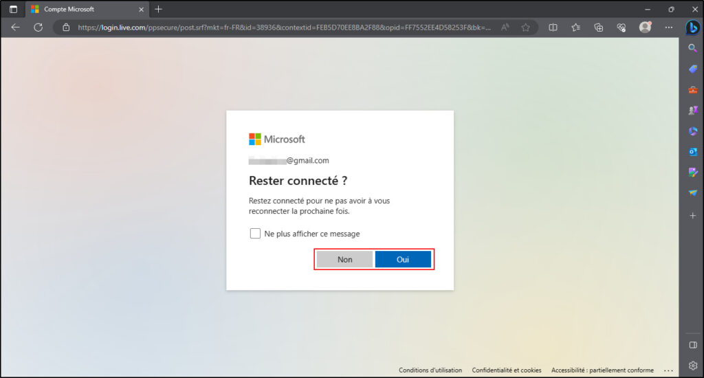 Supprimer compte Microsoft - Cliquer sur oui ou non pour rester connecté à son compte microsoft