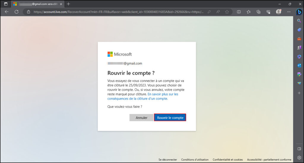 Supprimer compte Microsoft - Confirmer la réouverture de son compte microsoft