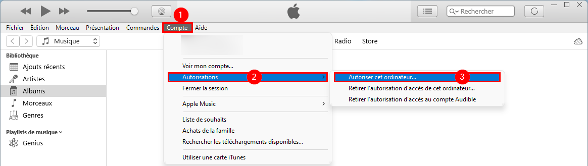 iTunes sur Windows : autoriser cet ordinateur