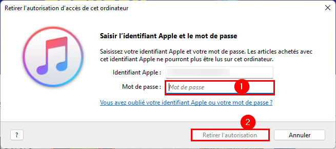 iTunes sur Windows : mot de passe pour retirer l'autorisation de cet ordinateur