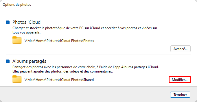 Modifier l'emplacement des albums partagés de Photos avec iCloud pour Windows