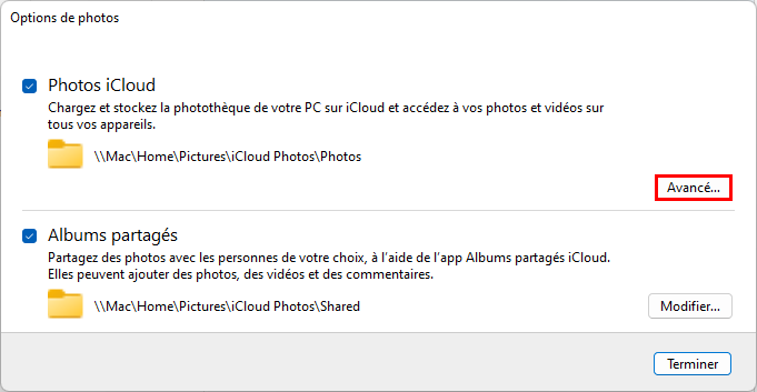 Accéder aux options avancées de Photos iCloud sur Windows