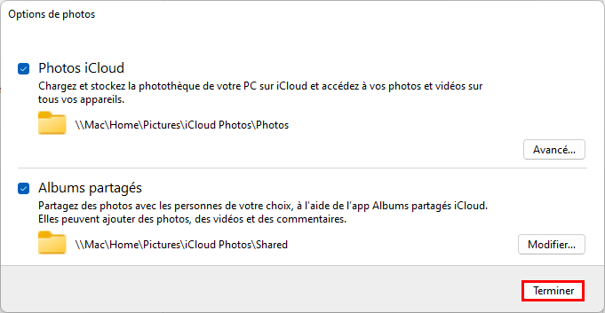 Valider les options de Photos avec iCloud pour Windows