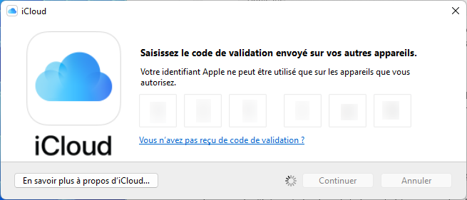 Saisir le code de validation dans iCloud pour Windows