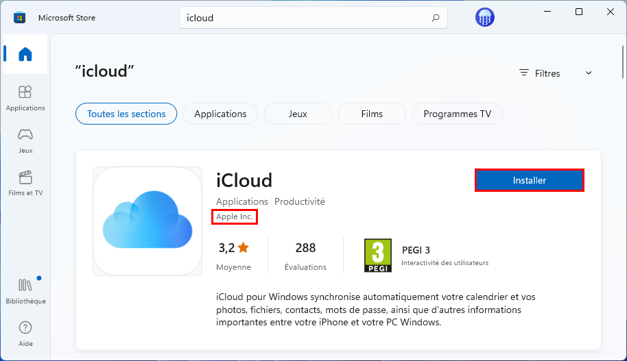 Installer iCloud sur Windows via le Microsoft Store