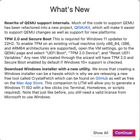 Installer Windows sur Mac d'Apple - première ouverture de UTM