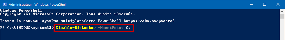 Désactiver BitLocker Windows PowerShell ligne de commande