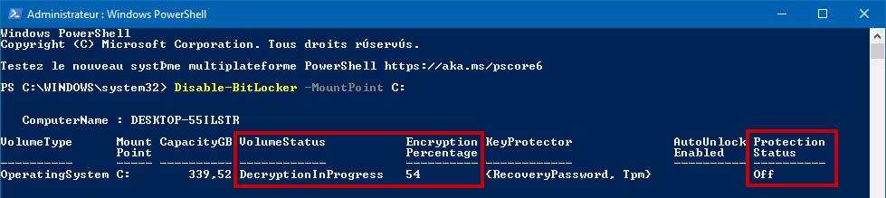Désactiver BitLocker Windows PowerShell déchiffrement en cours et statut désactivé